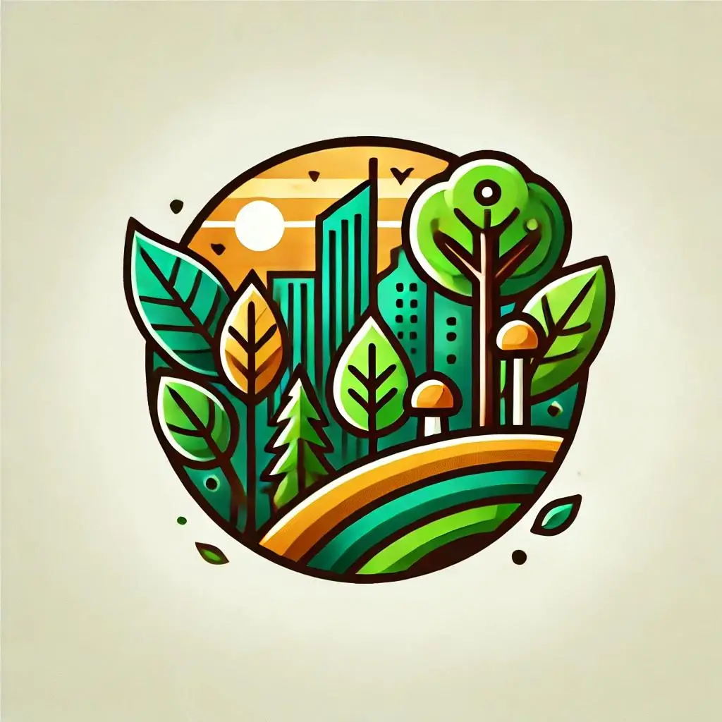 "Urban foraging logo featuring a city skyline blended with trees, leaves, and mushrooms in vibrant earthy colors."